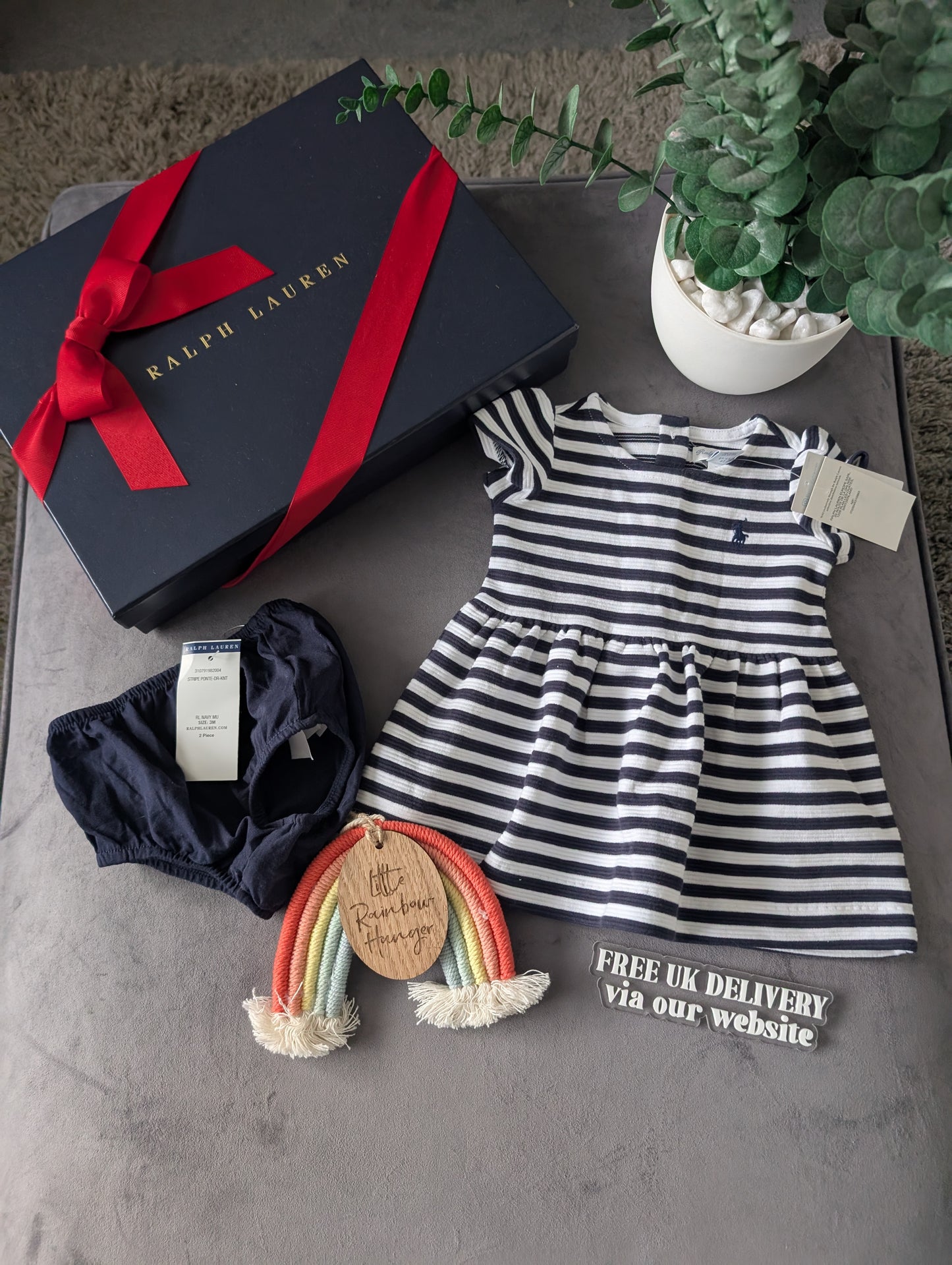 new polo Ralph Lauren French Navy/White Stripe dress Girls Age 0-3M ribbed smart