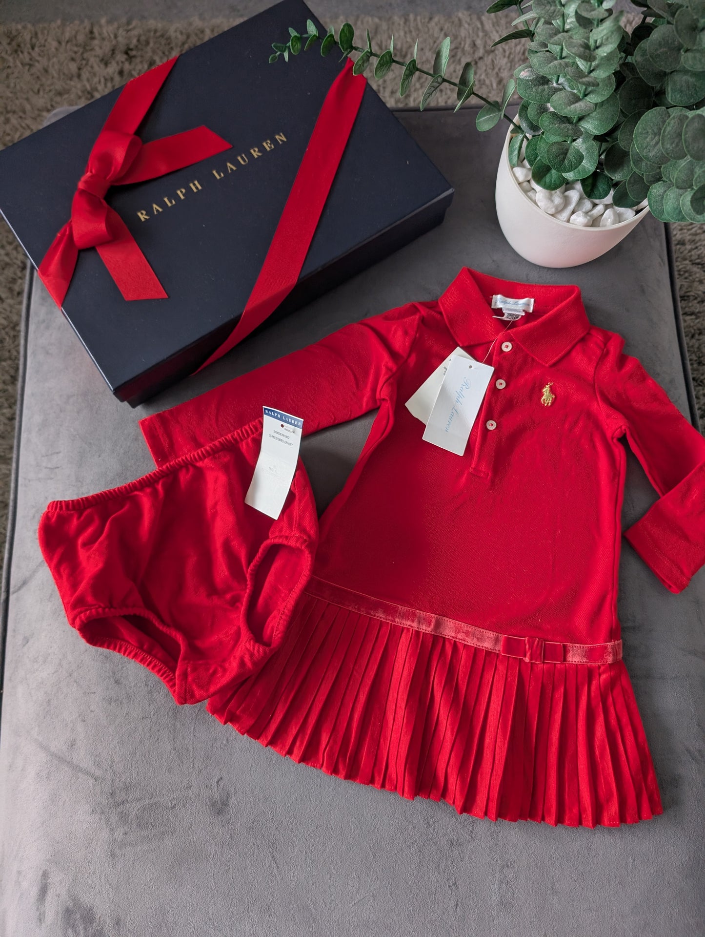 New Ralph Lauren Pleated shirt dress Red Bow 9-12m Occasion Formal Tennis Gift