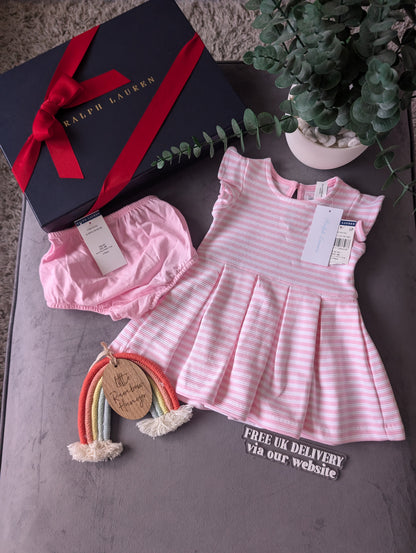 New Stunning Girls Ralph Lauren Pink Ribbed Stripe Dress Occasion 3-6m Gift