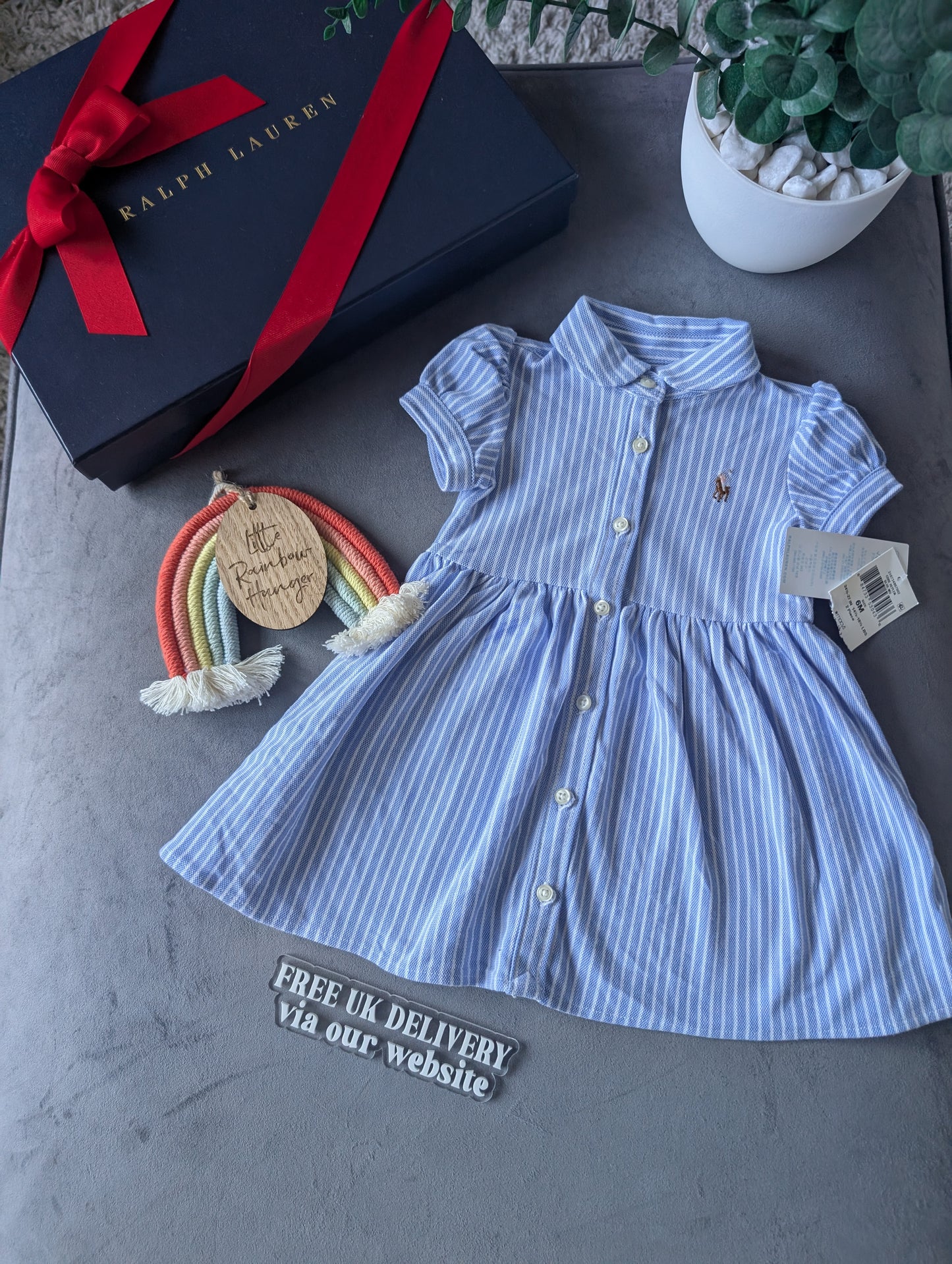 New Ralph Lauren Baby Girl Oxford Mesh Dress Blue Stripe Pretty Cute 3-6m Gift