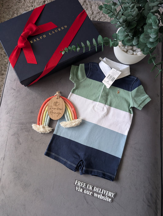 New Ralph Lauren Baby Boy Green Soft  Stripe Romper 3-6m Gift Cute Baby Summer