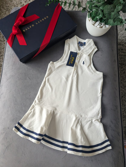 New Ralph Lauren Girls White Navy Stripe Polo Frill Sleeveless Dress Gift Age 4