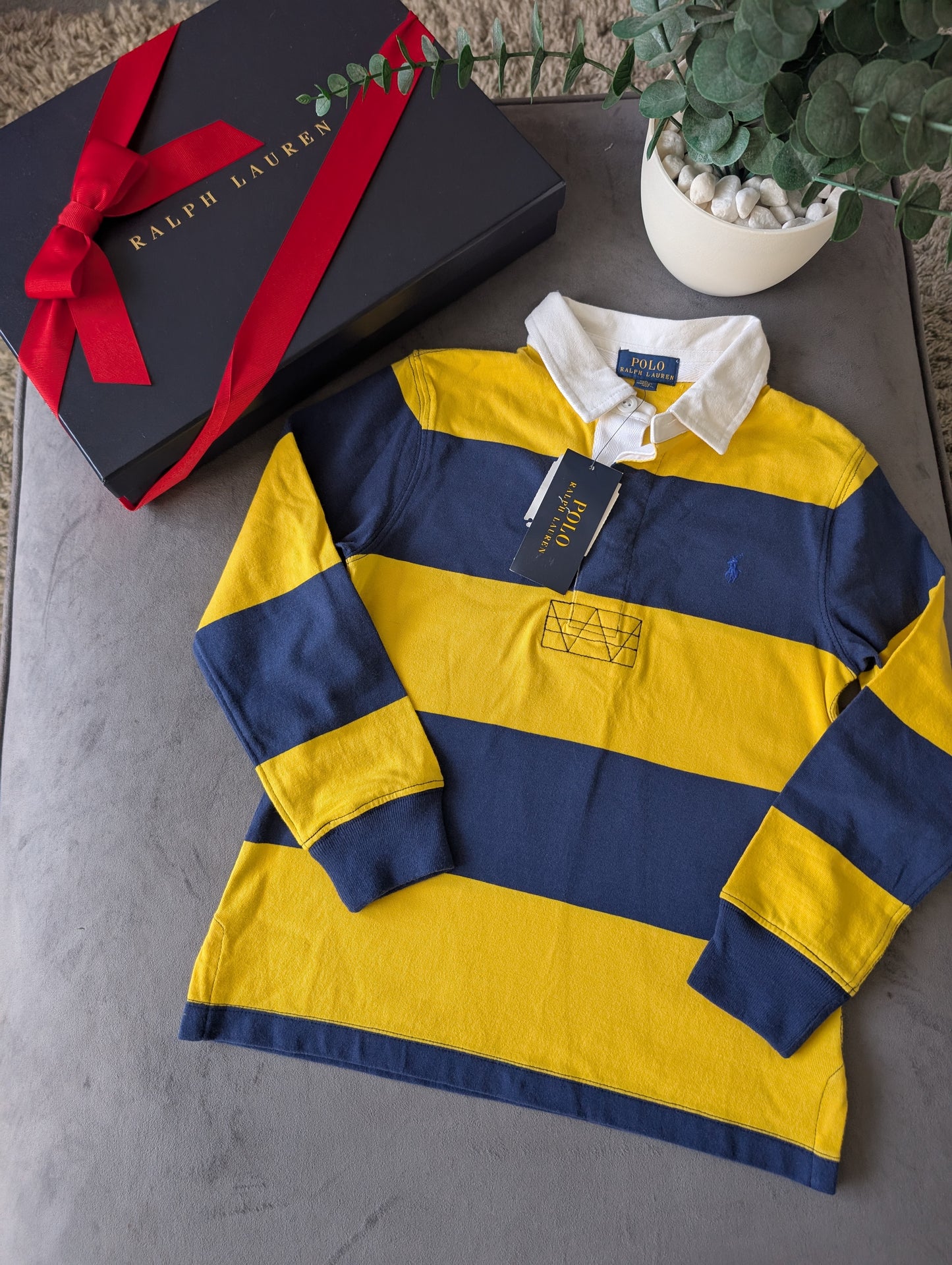 New Ralph Lauren Boys Rugby Style Stripe Long Sleeve Polo Yellow Navy 6 y Boys