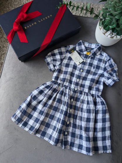 New Ralph Lauren Girls Gingham Navy White Check Dress Occasion Gift 2yrs Pretty