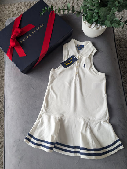 New Ralph Lauren Girls White Navy Stripe Polo Frill Sleeveless Dress Gift Age 4