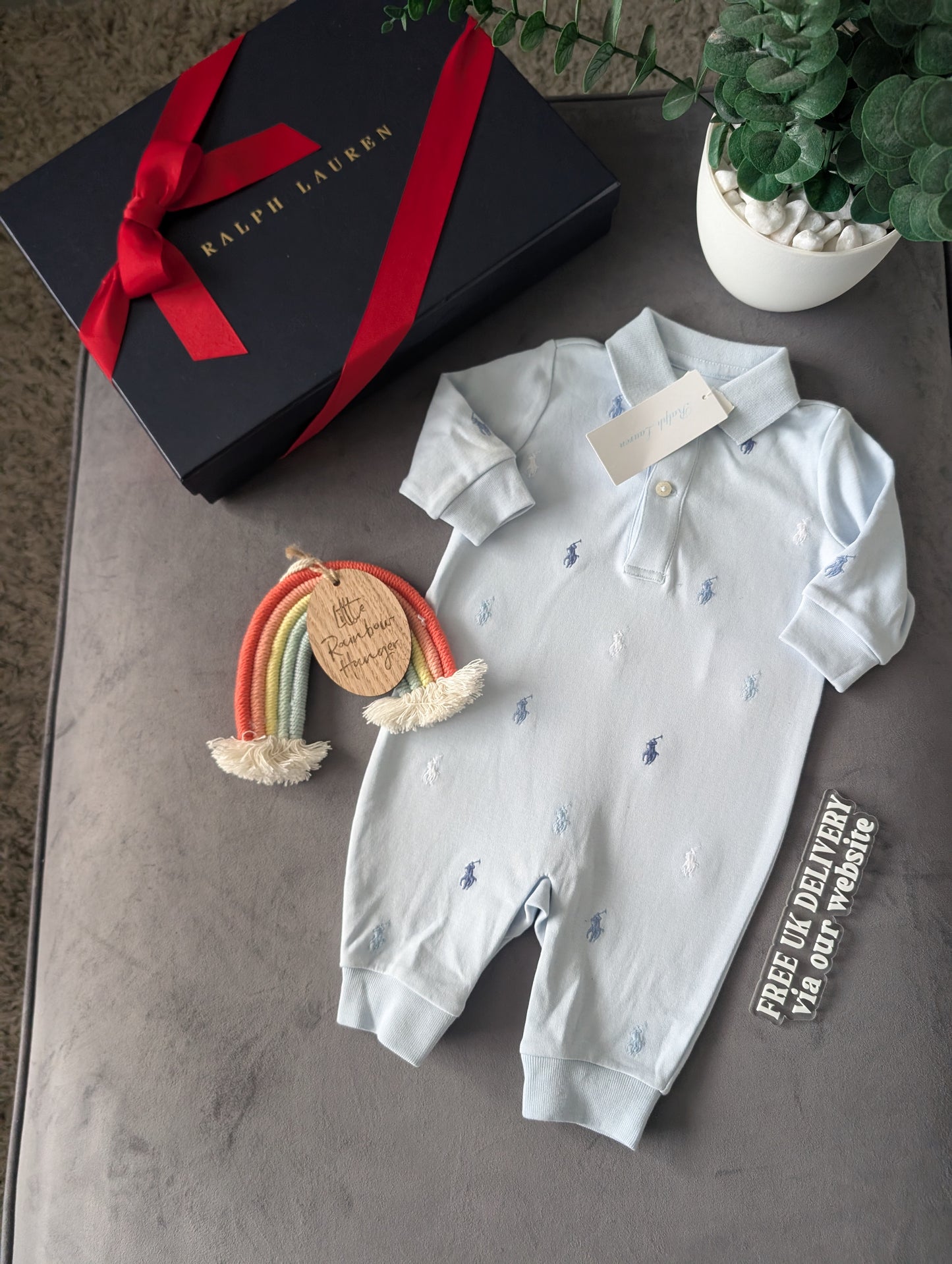 New Ralph Lauren Baby Babygrow All In One 0-3m Blue Polo All Over RL Print Gift