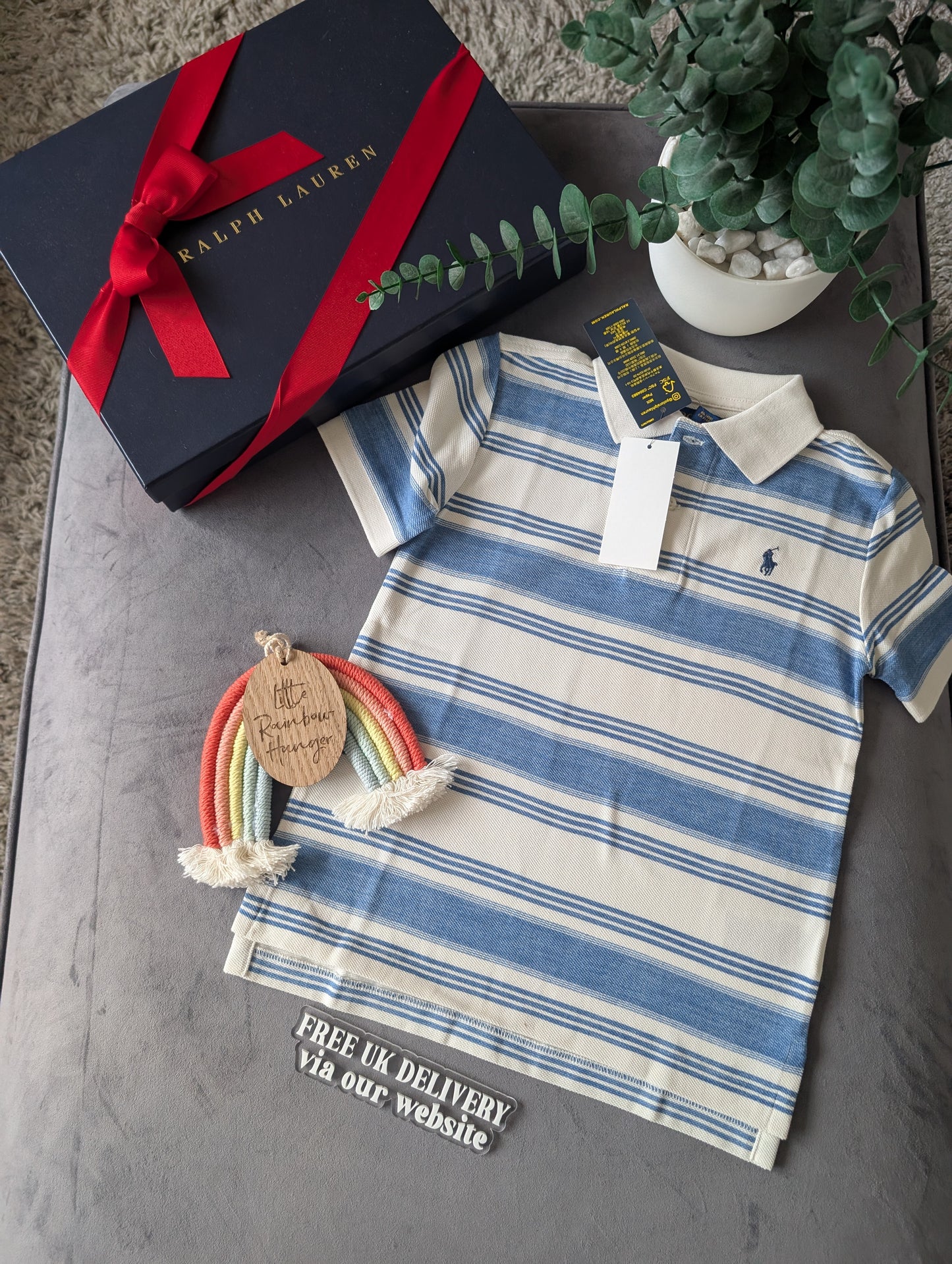 New Ralph Lauren Boys White Blue Stripe Smart Polo T Shirt Summer Gift Casual 4y