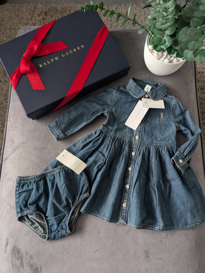 New Ralph Lauren girls denim style shirt dress occasion 6-9m Baby Gift £90