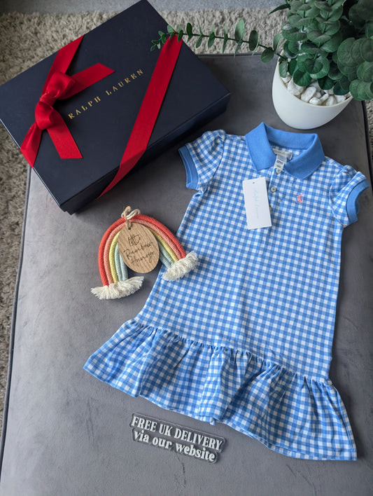 New Ralph Lauren Girls Blue Checked Polo Frill Summer Cute Dress Gift 18-24m