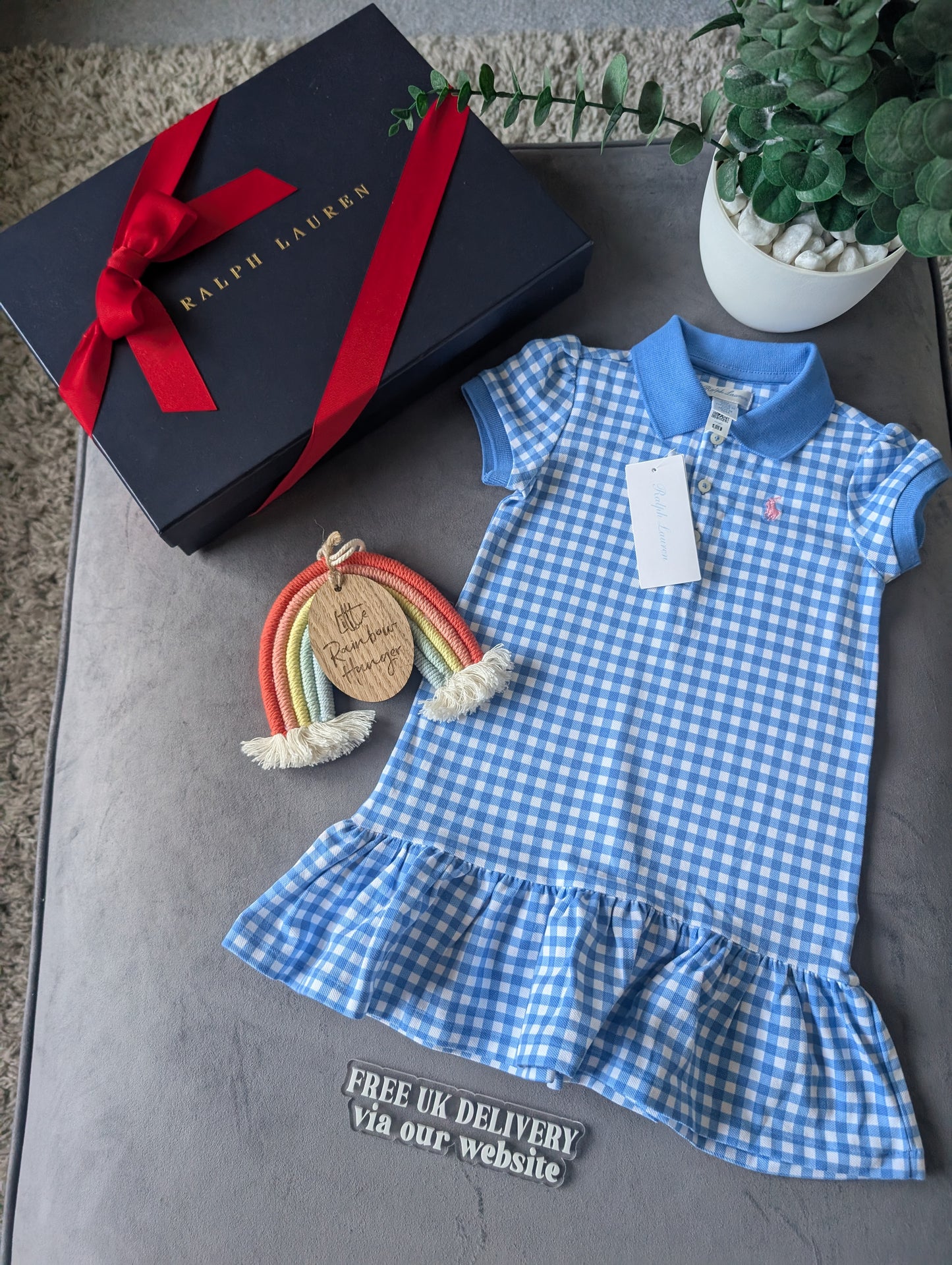 New Ralph Lauren Girls Blue Checked Polo Frill Summer Cute Dress Gift 18-24m