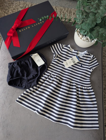 new polo Ralph Lauren French Navy/White Stripe dress Girls Age 6-9M ribbed smart