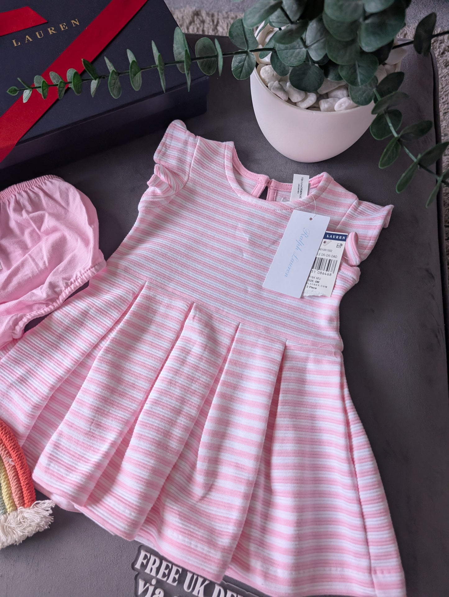 New Stunning Girls Ralph Lauren Pink Ribbed Stripe Dress Occasion 3-6m Gift