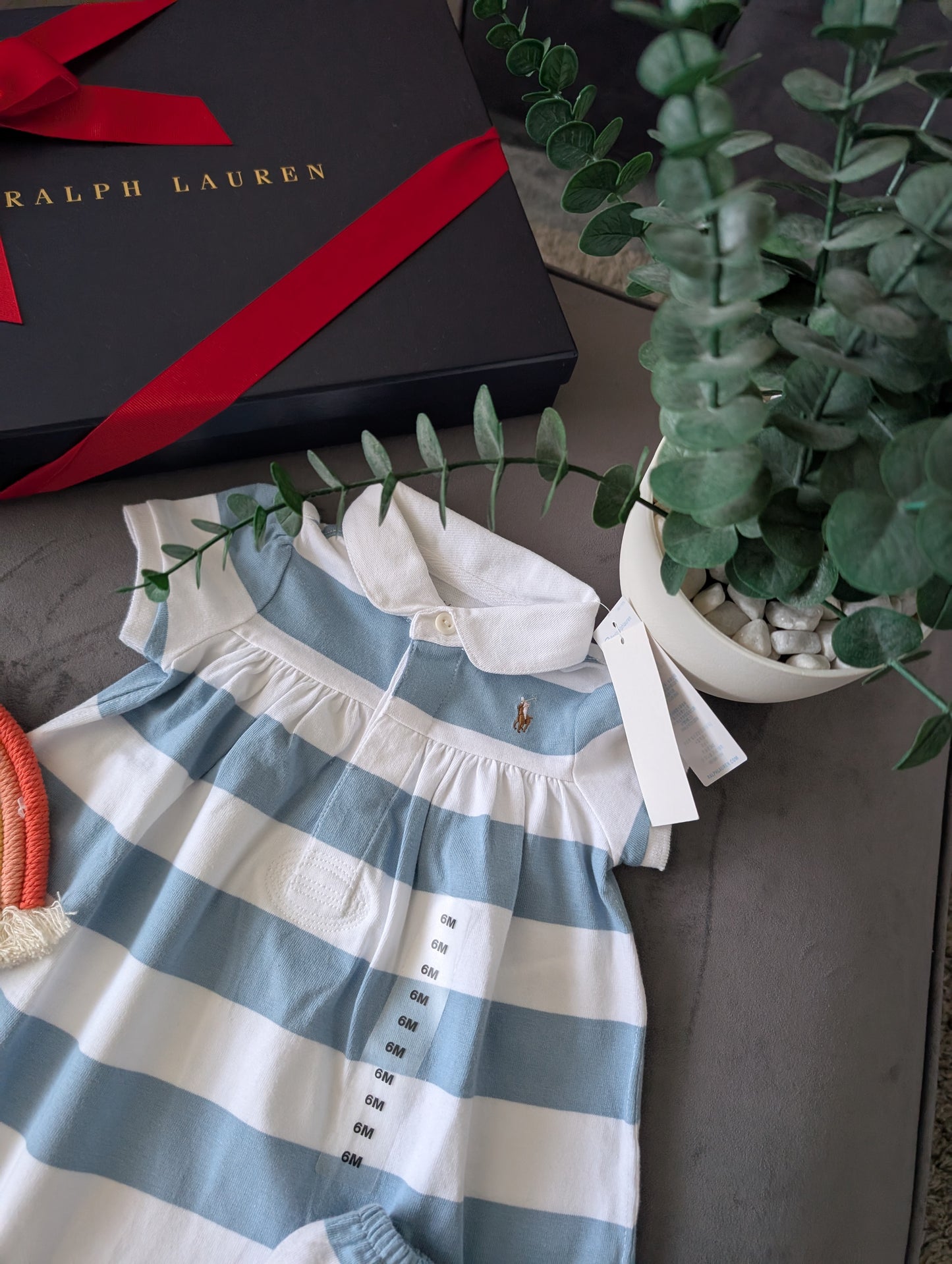 New Stunning Ralph Lauren Baby Girls Blue Cute  Stripe Dress + Bloomer 3-6m Gift