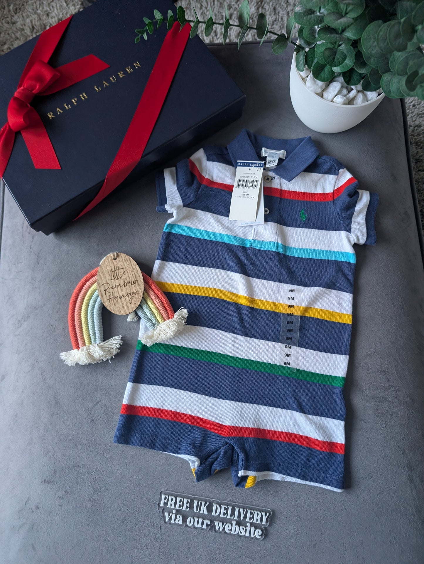 New Ralph Lauren Baby Boy Navy Blue Stripe Romper 6-9m Gift Cute Baby Summer