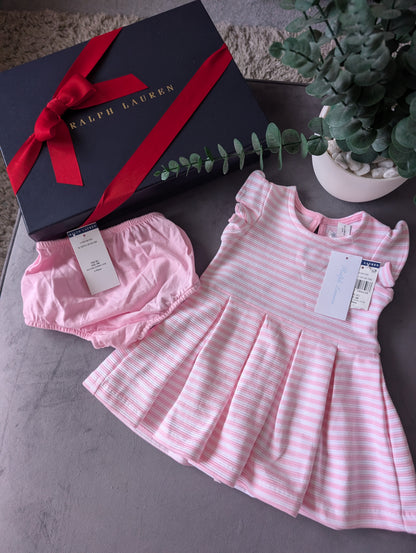 New Stunning Girls Ralph Lauren Pink Ribbed Stripe Dress Occasion 3-6m Gift