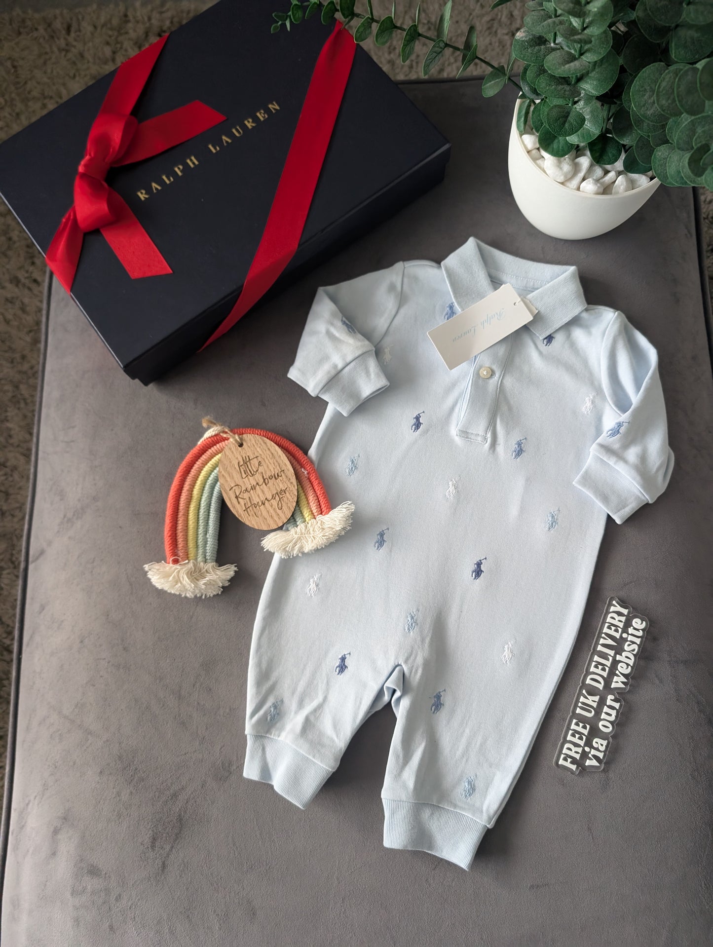 New Ralph Lauren Baby Babygrow All In One 0-3m Blue Polo All Over RL Print Gift