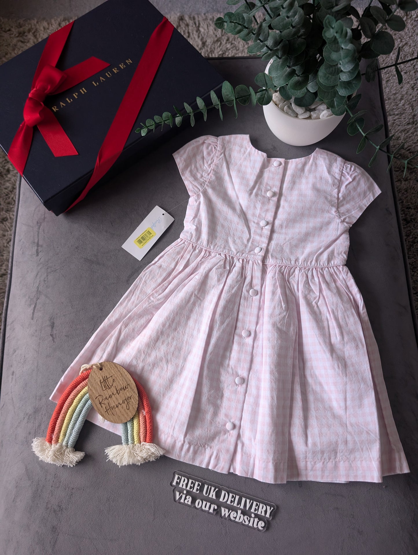 New Ralph Lauren Pink Gingham Checked Pretty Button Back Dress 12-18m Summer