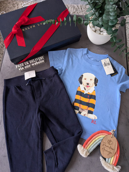 New Ralph Lauren Boys Gorgeous Joggers + Blue Dog T Shirt Outfit Set Smart 2yrs