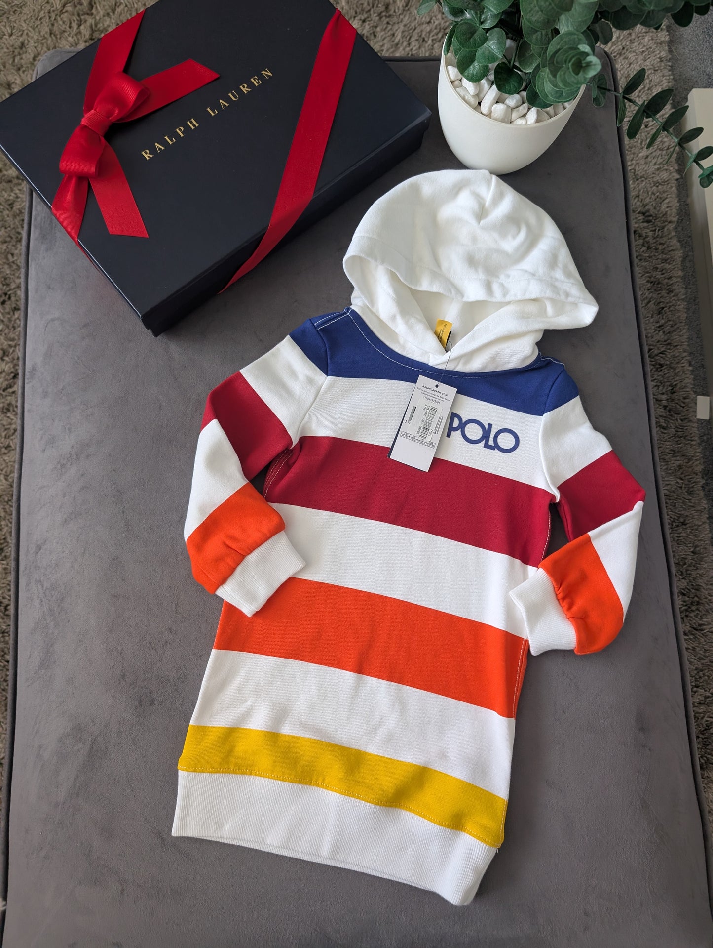 New Ralph Lauren Girls Hoodie Jumper Dress Polo Multicoloured Logo 2-3yrs Gift