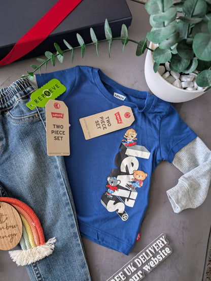 New Levi Baby Denim Pull Up Jeans + T Shirt Outfit Set Gift Smart Casual 6-9m