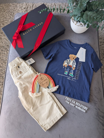 New Polo Ralph Lauren Cute Bear Navy Polo Bear  T-Shirt + Chino Outfit 18m Gift