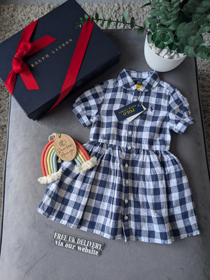 New Ralph Lauren Girls Gingham Navy White Check Dress Occasion Gift 2yrs Pretty