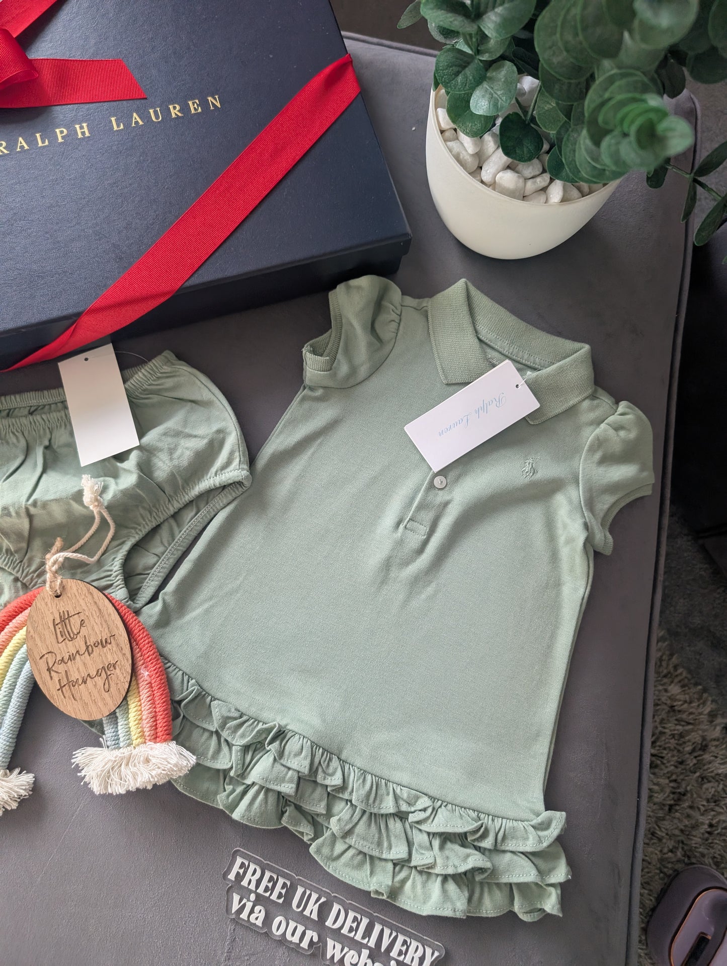 New Ralph Lauren Cupcake Sage Baby Girls Frill  Polo Dress 3-6 Months Gift Green