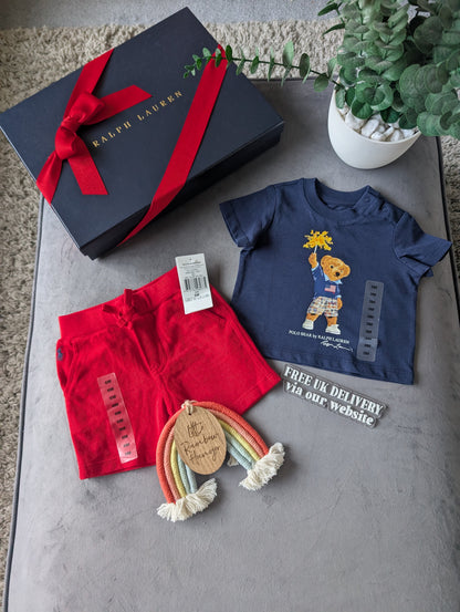 New adorable Ralph Lauren boys Bear t Shirt + Red Short set 3m gift Summer Cute