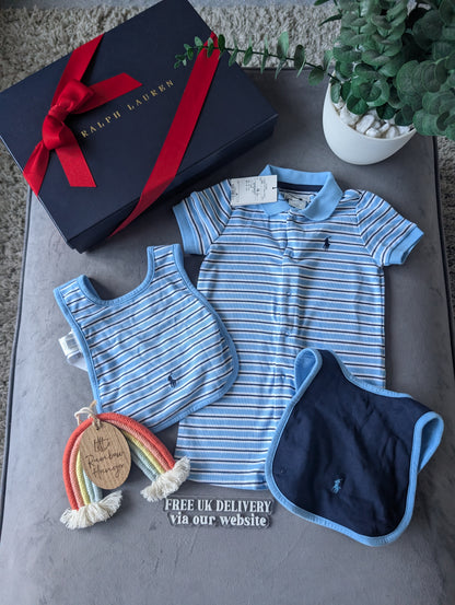 New Ralph Lauren Baby Boy Navy Blue Stripe Romper 6-9m Gift Cute Baby + 2 x Bibs