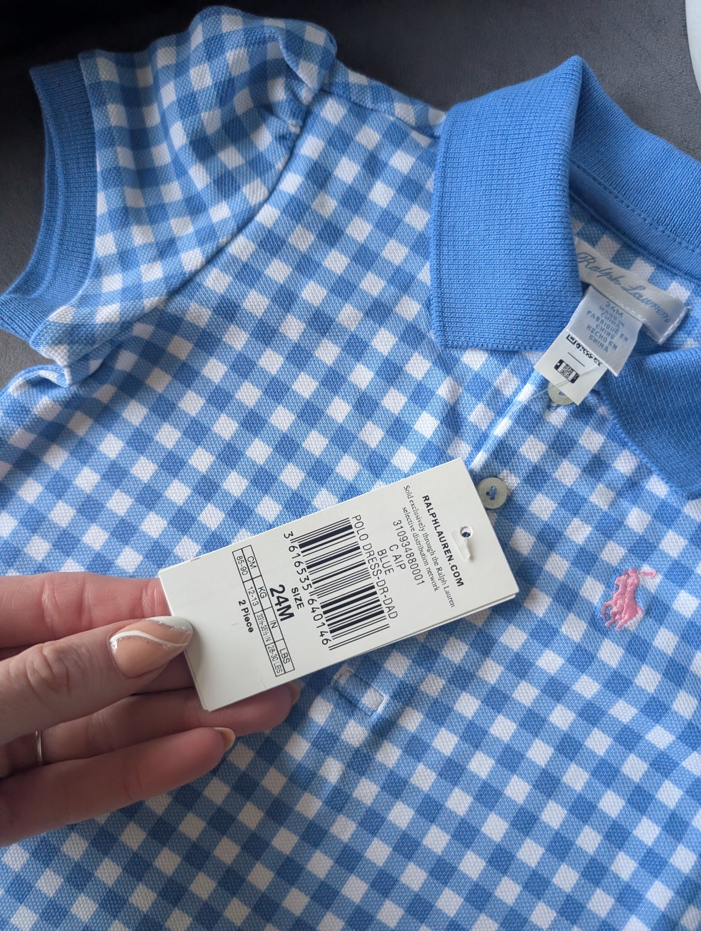 New Ralph Lauren Girls Blue Checked Polo Frill Summer Cute Dress Gift 18-24m