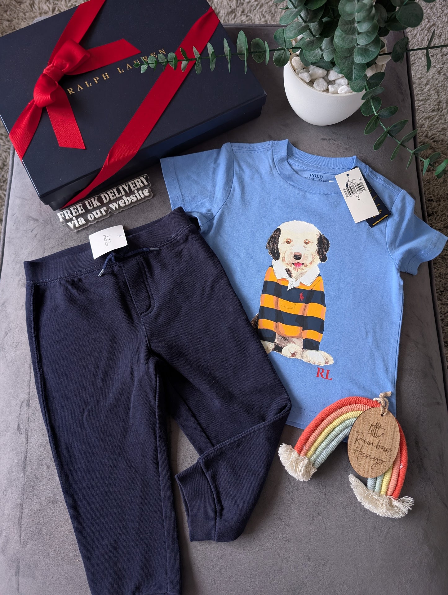 New Ralph Lauren Boys Gorgeous Joggers + Blue Dog T Shirt Outfit Set Smart 2yrs