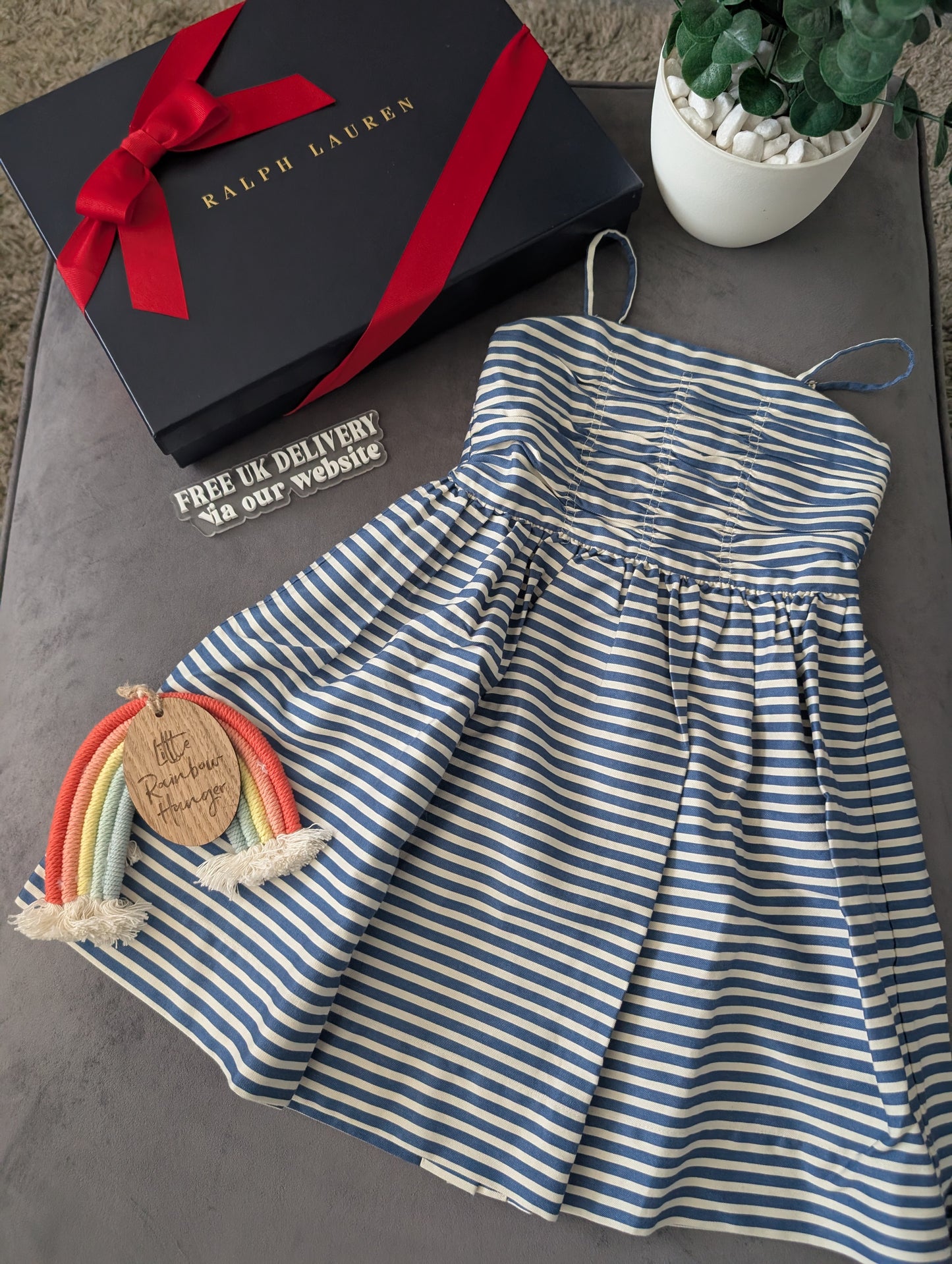 New Ralph Lauren Girls White Navy Stripe Polo Frill Stripe Strappy  Dress 5yr