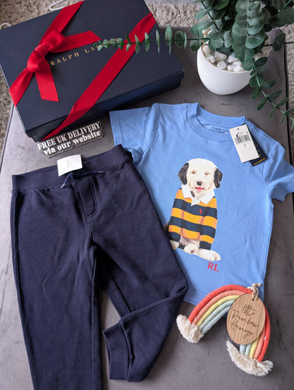 New Ralph Lauren Boys Gorgeous Joggers + Blue Dog T Shirt Outfit Set Smart 2yrs