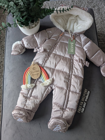 Ted Baker Silver Padded Ruffle Trim Snowsuit & Mittens Set Age 3-6mths BNWT £54