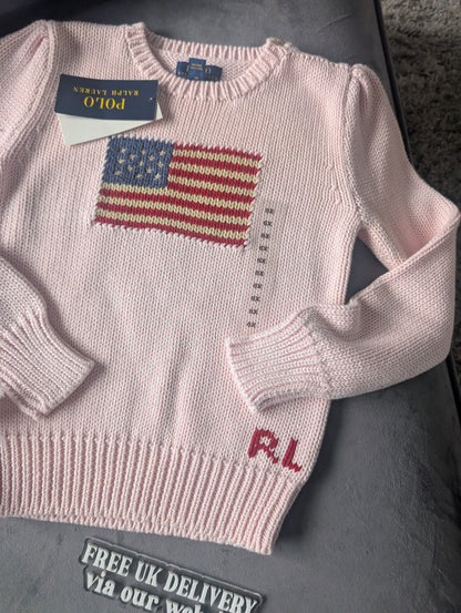 new gift boxed Polo Ralph Lauren baby pink American flag jumper autumn girls age 6 gift