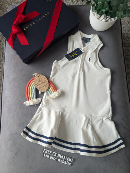 New Ralph Lauren Girls White Navy Stripe Polo Frill Sleeveless Dress Gift Age 4