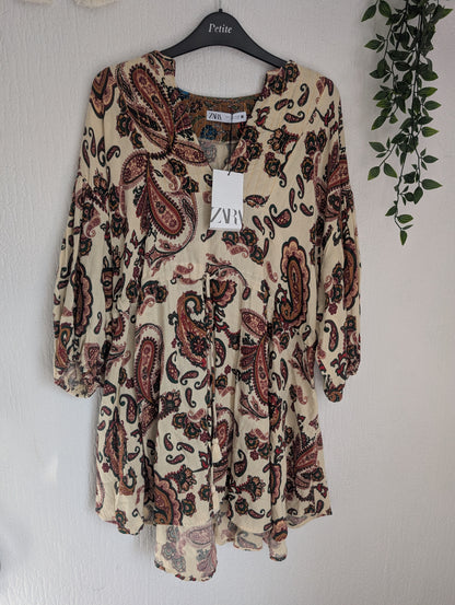 New ZARA MULTICOLOURED COTTON PAISLEY  V NECK SHORT DRESS Sz S BNWT £59.99🌻