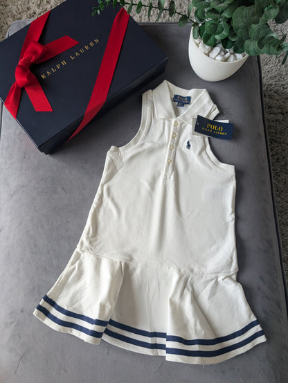 New Ralph Lauren Girls White Navy Stripe Polo Frill Sleeveless Dress Gift Age 4