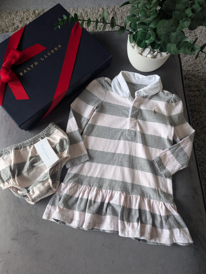 Worn once stunning Ralph Lauren Girls Pink Grey Soft Cupcake Dress Frill 12-18m