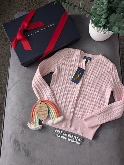 New Girls Ralph Lauren Pink Jumper baby pink cable knit viral Cardigan UK 6-7y