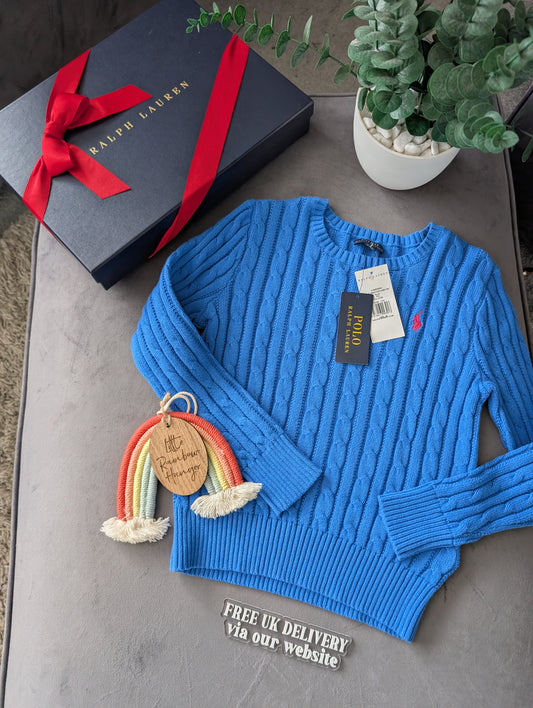 New Polo by Ralph Lauren Cable Knit Jumper Blue Girls 8-10yrs Smart Warm Gift