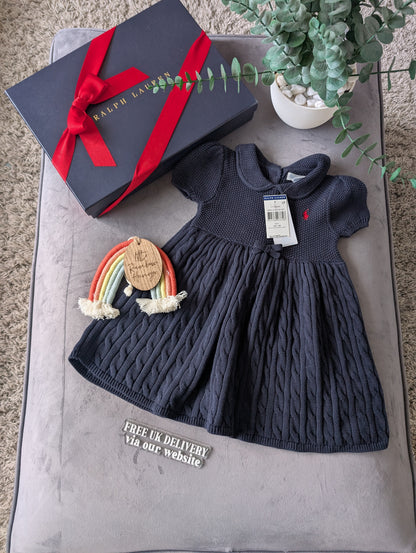 New Ralph Lauren Baby Girl Navy Knitted Cable Dress Occasion Gift 9-12m Cute