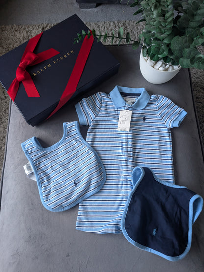 New Ralph Lauren Baby Boy Navy Blue Stripe Romper 6-9m Gift Cute Baby + 2 x Bibs