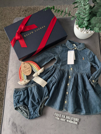 New Ralph Lauren girls denim style shirt dress occasion 6-9m Baby Gift £90