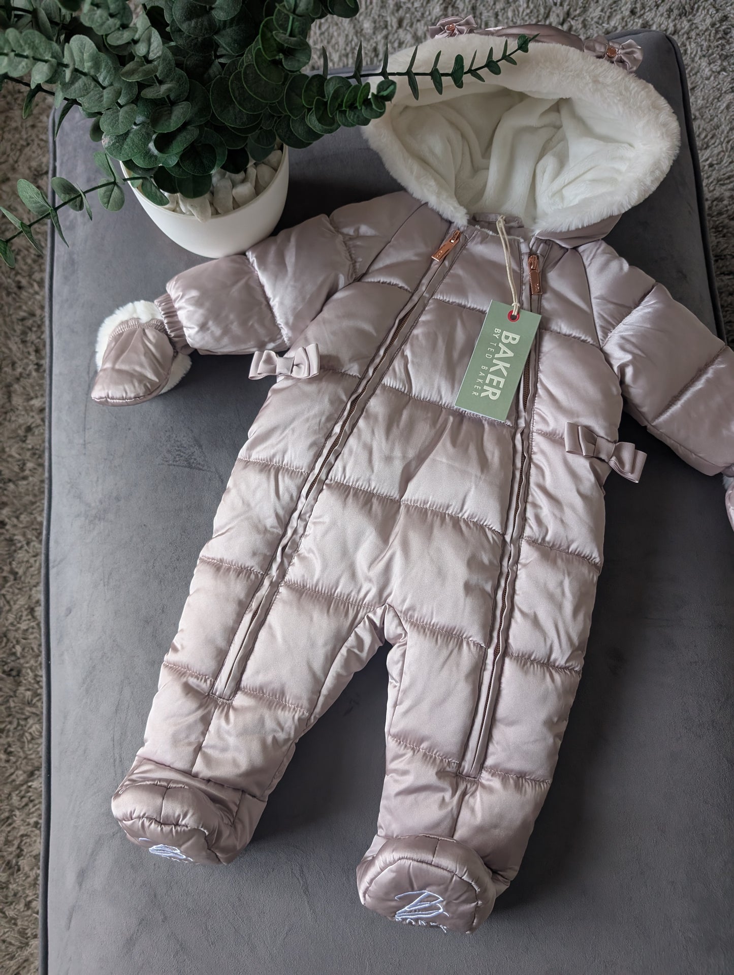 Ted Baker Silver Padded Ruffle Trim Snowsuit & Mittens Set Age 3-6mths BNWT £54