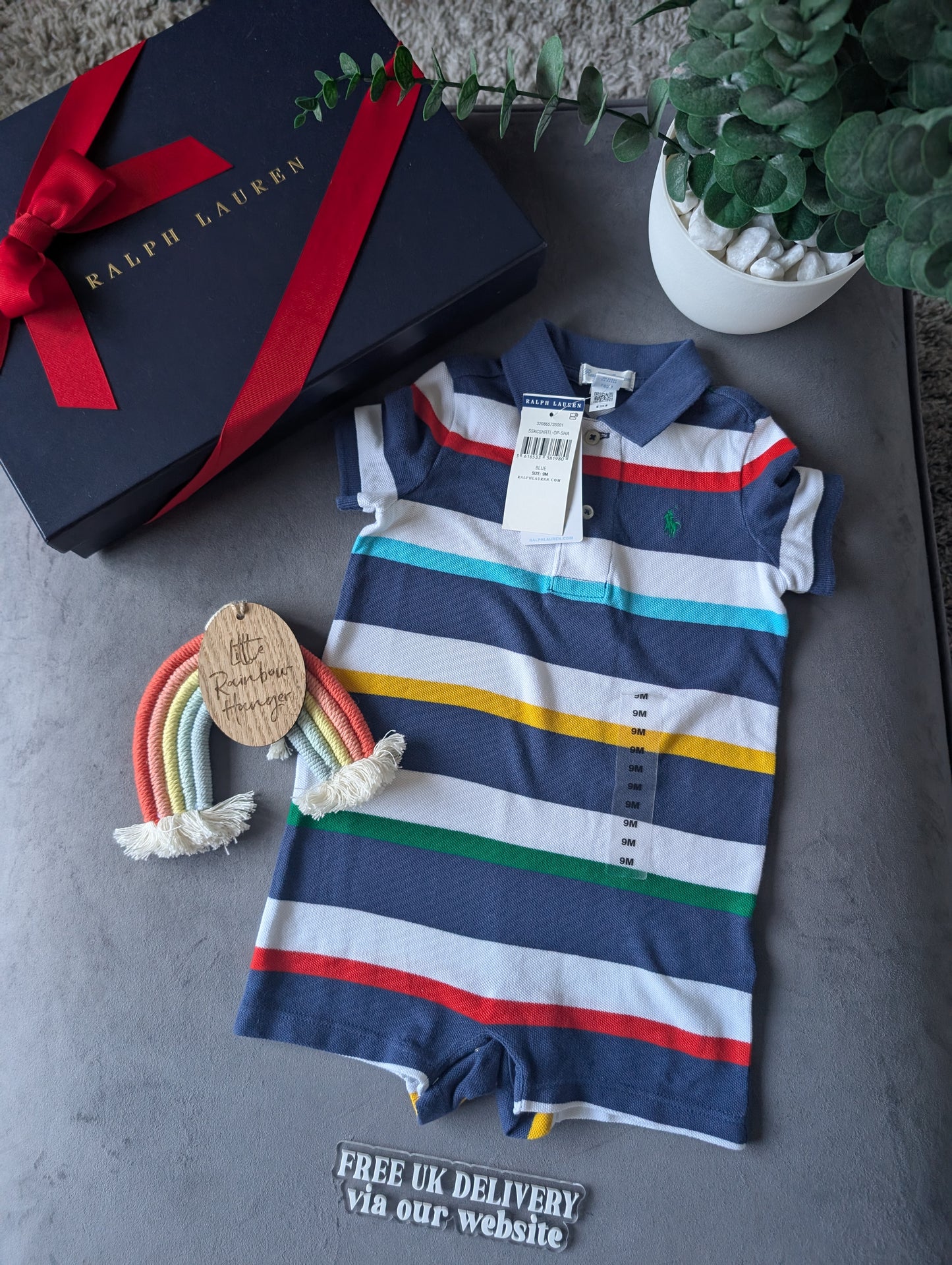 New Ralph Lauren Baby Boy Navy Blue Stripe Romper 6-9m Gift Cute Baby Summer