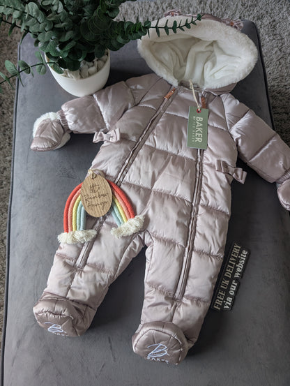 Ted Baker Silver Padded Ruffle Trim Snowsuit & Mittens Set Age 3-6mths BNWT £54