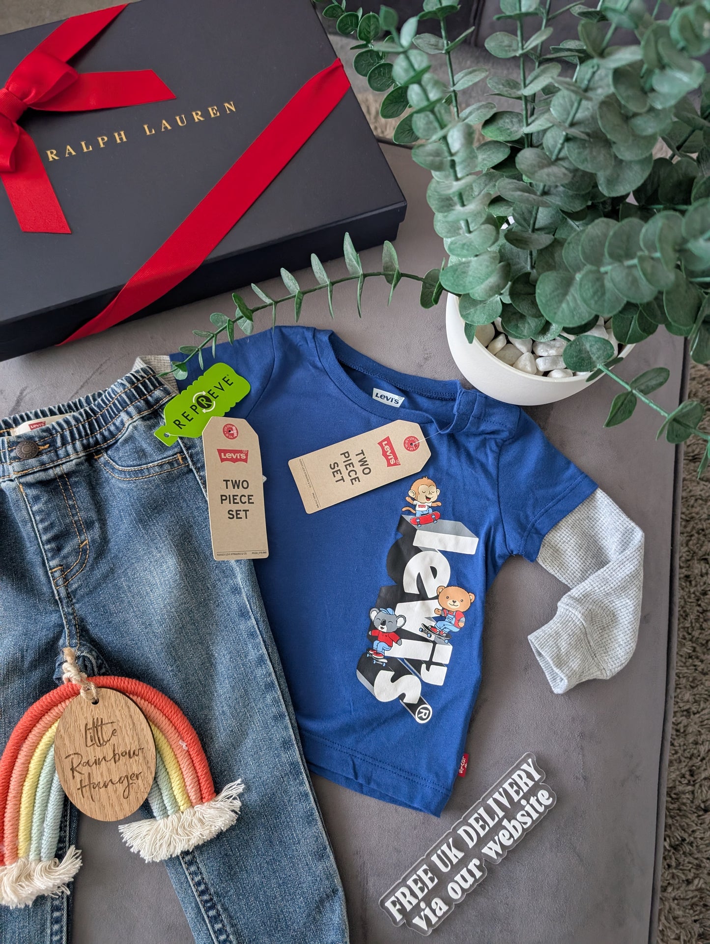 New Levi Baby Denim Pull Up Jeans + T Shirt Outfit Set Gift Smart Casual 6-9m