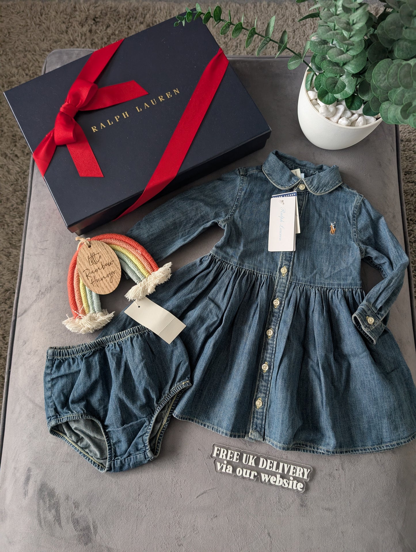 New Ralph Lauren girls denim style shirt dress occasion 6-9m Baby Gift £90