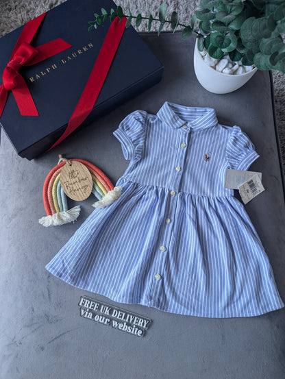 New Ralph Lauren Baby Girl Oxford Mesh Dress Blue Stripe Pretty Cute 3-6m Gift